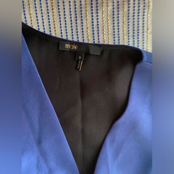 MAJE Mini Dress Womens Sz 2 Blue Fit & Flare Sleeveless V Neck Zip - Picture 3 of 14